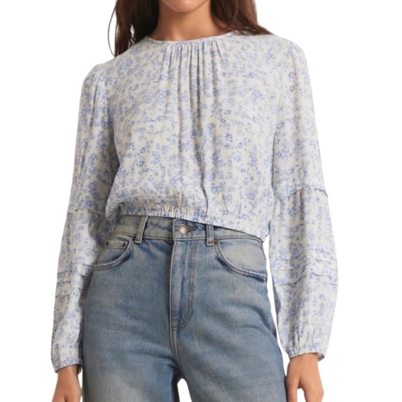 Z Supply Tops - Z Supply Nylah Tropez Cottagecore Light Blue White Cropped Floral Top Size L